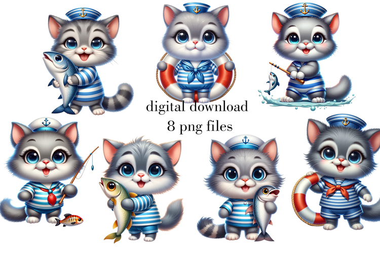 Sailor Cat PNG print, Cute cat with fish, Sailor Cat Design