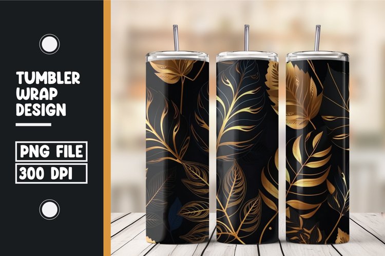 Golden and black 3d leaves tumbler wrap
