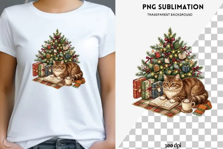 Christmas bookish cat png design for T-shirts