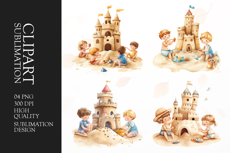 Watercolor kids sand castle clipart sublimation png example image 1