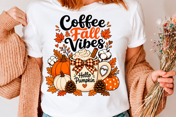 Coffee And Fall Vibes Pumpkin Autumn T-Shirt Design example image 1