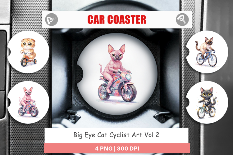 Big Eye Cat Cyclist Art Car Coaster