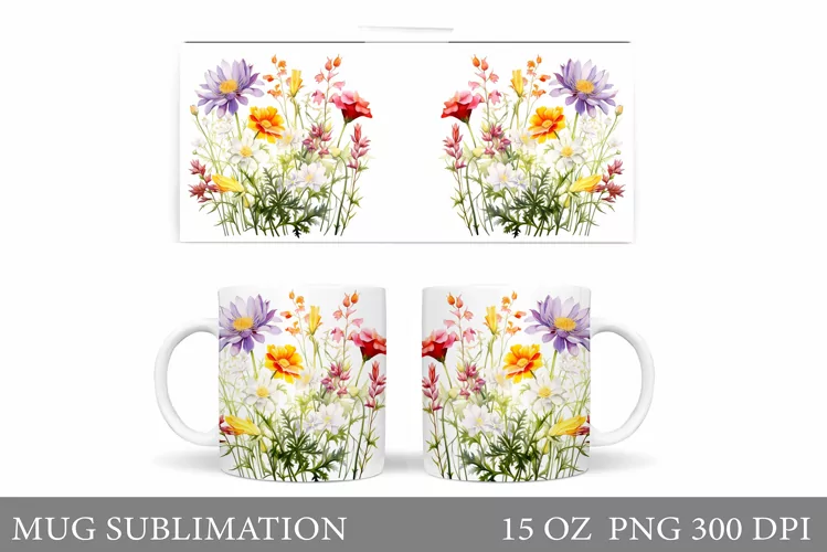 Flowers Mug Wrap Design. Wildflowers Mug Sublimation