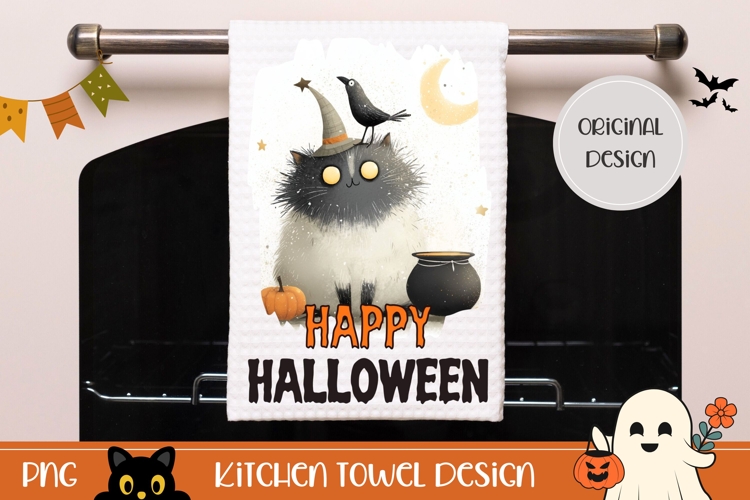Spooky Halloween Cat Towel, Cartoon Halloween Animals PNG