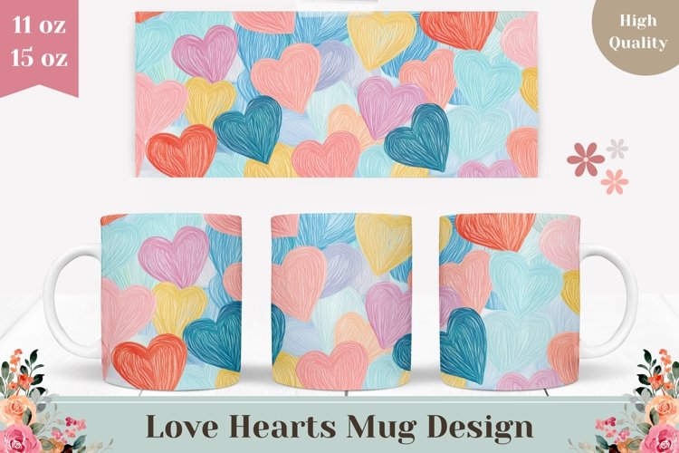 Cartoon Hearts Mug Wrap Design, Pastel Hearts Mug PNG