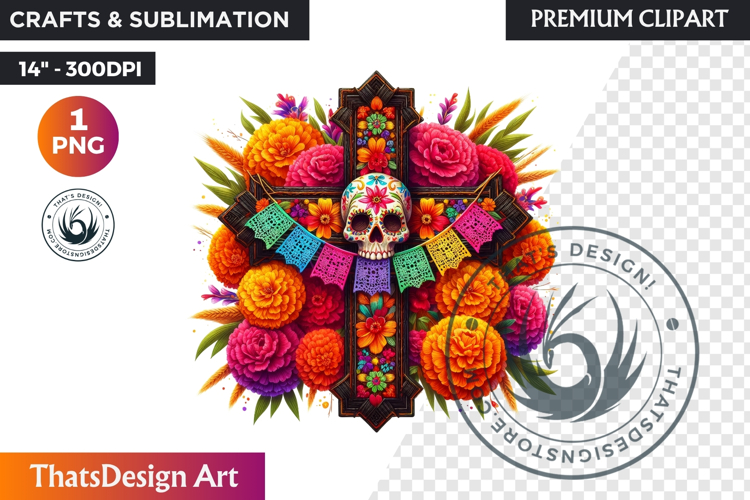 Floral Day of Dead Crosses Clipart Sugar skull PNG catrina