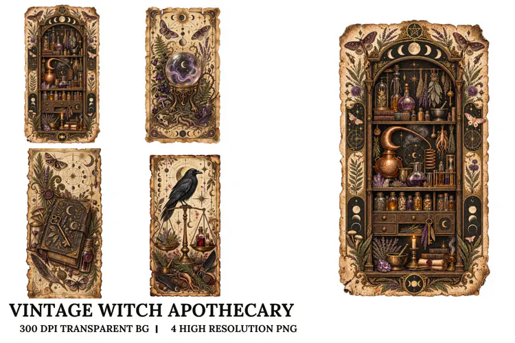 Vintage Witch Apothecary PNG Gothic Botanical Sublimation