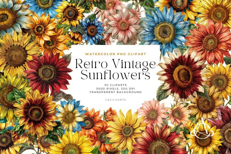 Retro Vintage Sunflowers Clipart Bundle