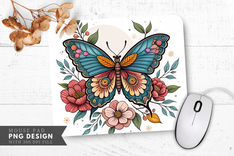 Butterfly and Flowers Tattoo Mouse Pad PNG Design