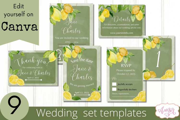 Lemon Wedding Canva Template Bundle, Wedding card set