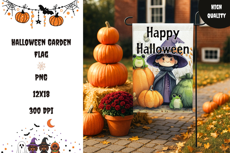 Witch Garden Flag Print, Watercolor Halloween Garden Flag