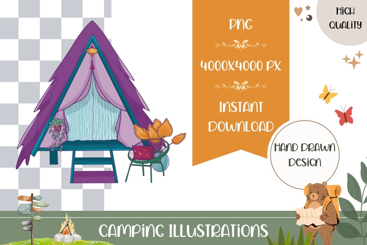 Hand Drawn Camping Illustration, Cartoon Glamping Tent PNG