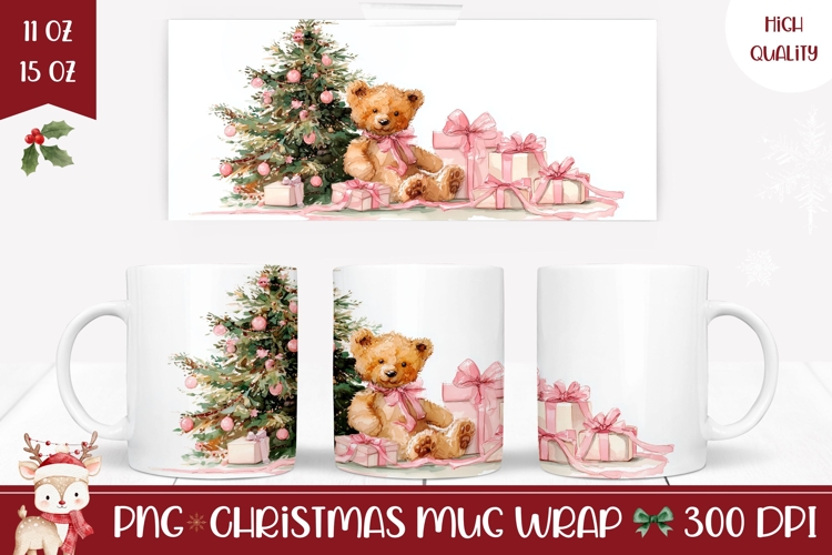 Cartoon Christmas Teddy Bear Mug, Pink Christmas Mug PNG