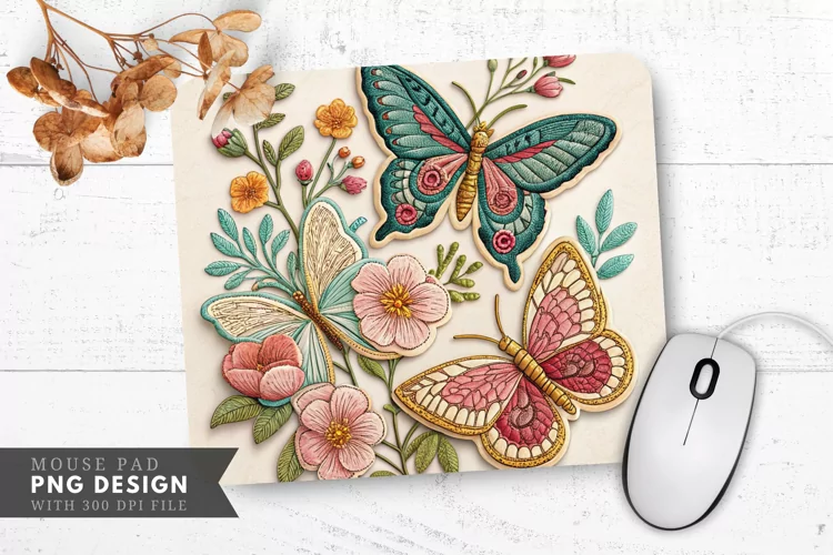 Butterfly and Floral Embroidered Patches Mouse Pad PNG