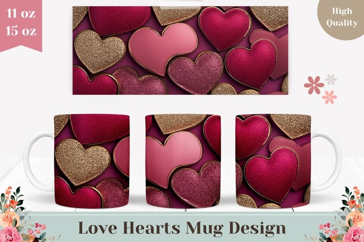 Love Heart Mug Template, Glitter Love Mug Sublimation