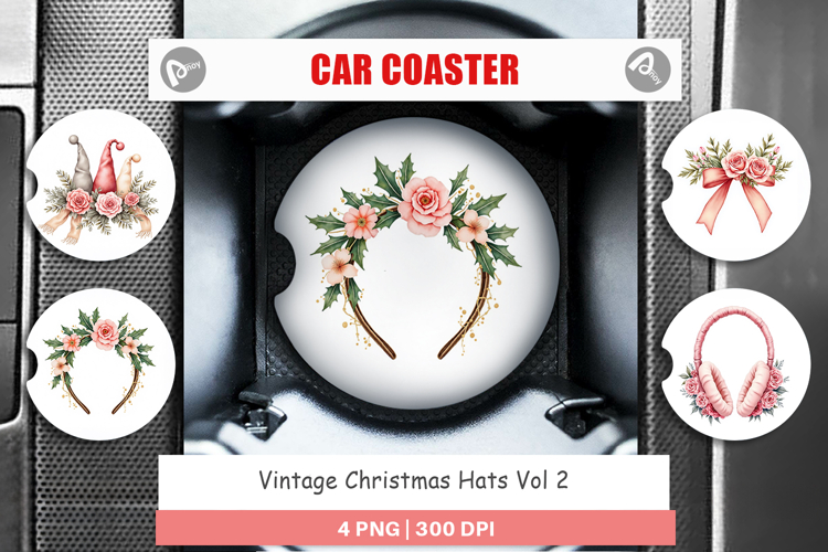 Car Coaster Vintage Christmas Hats Watercolor