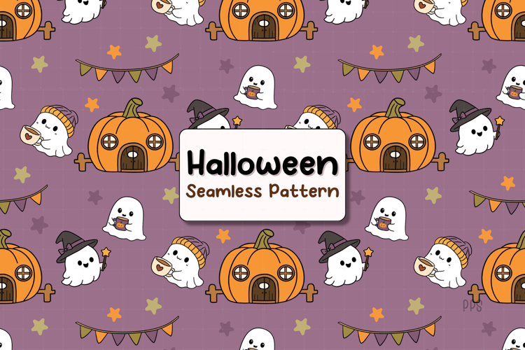 Halloween Seamless Pattern with Pumpkins house Ghost