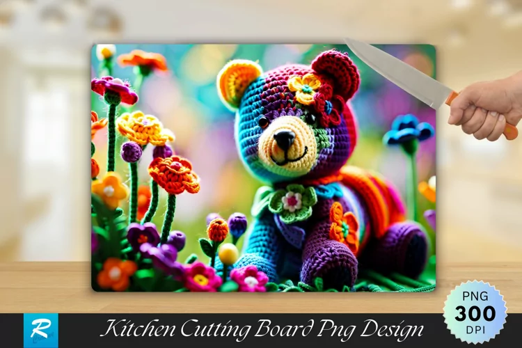 Multicolored Bear with Flowers Cutting Board PNG Design