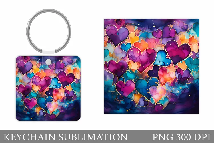 Colorful Hearts Keychain. Alcohol Ink Hearts Keychain