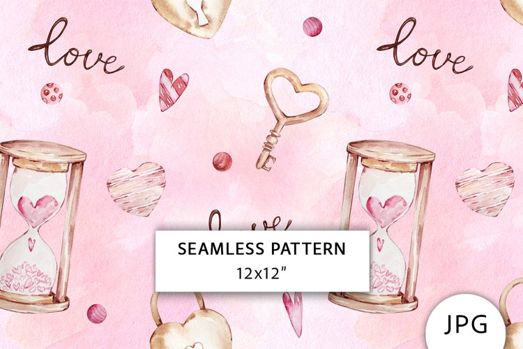 Love Seamless Pattern, Digital Paper, hearts, key example image 1