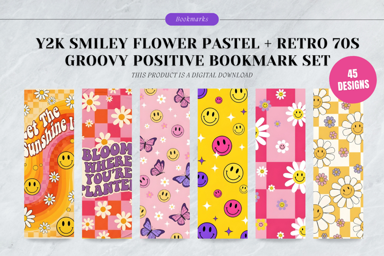 Printable Y2K Smiley Flower & Retro 70s Groovy Bookmark Set