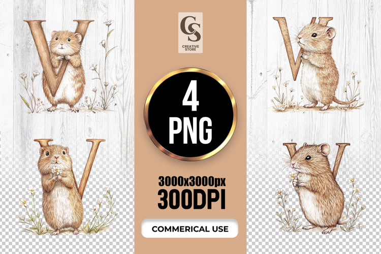 V Mouse Woodland Alphabet Letter Clipart Sublimation PNG
