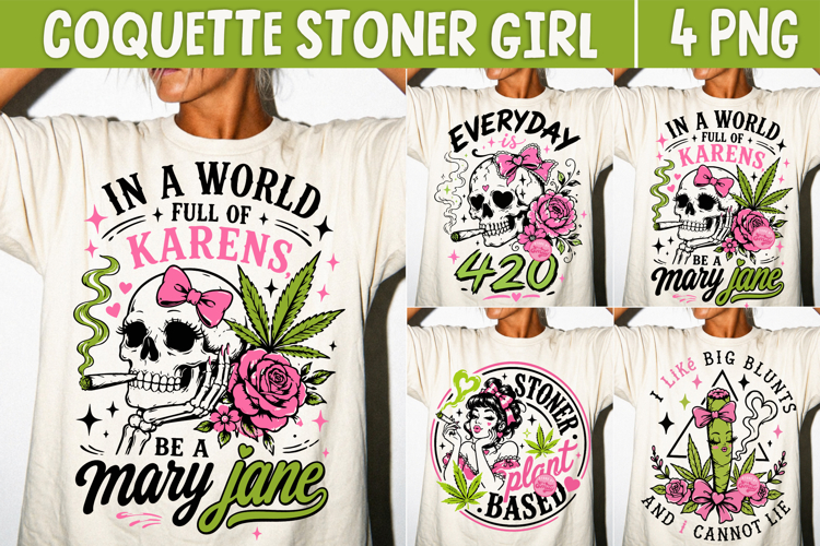 Coquette Stoner Girl PNG, Weed Lover Skull Pink Retro Girly