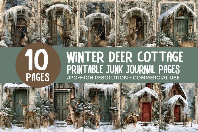 Winter Deer Cottage Junk Journal Pages example image 1