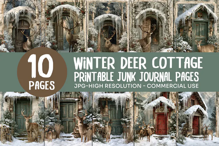 Winter Deer Cottage Junk Journal Pages
