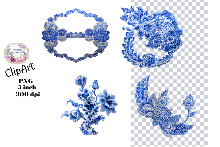 Blue Toile, Ephemera, PNG, Clipart, Junk Journal, flowers