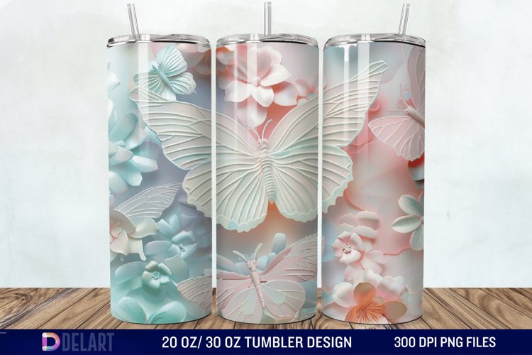 3d Pastel Butterflies & Flowers Tumbler Wrap example image 1