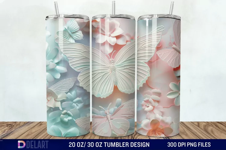 3d Pastel Butterflies & Flowers Tumbler Wrap