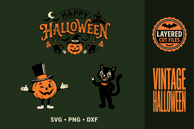 Vintage Halloween SVG, Layered Cut File, Retro Halloween PNG