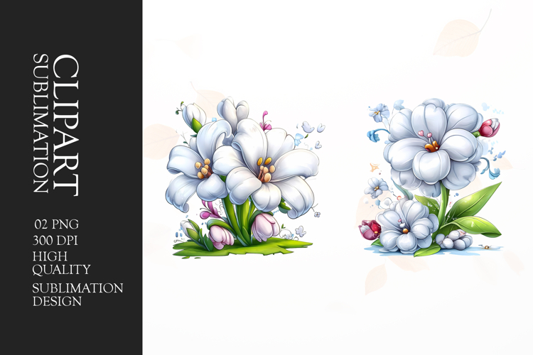 White Bloom with Blue Accents Clipart Sublimation PNG
