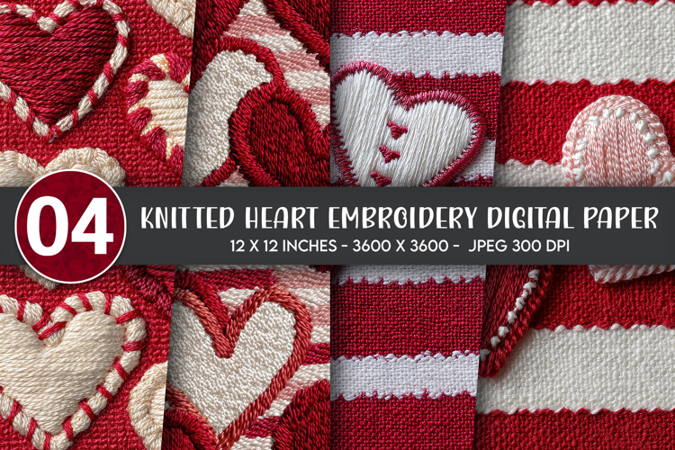 Knitted Heart Embroidery Digital Paper
