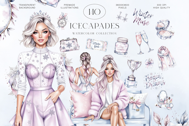 Icecapades Watercolor Clipart Set, Elegant Winter