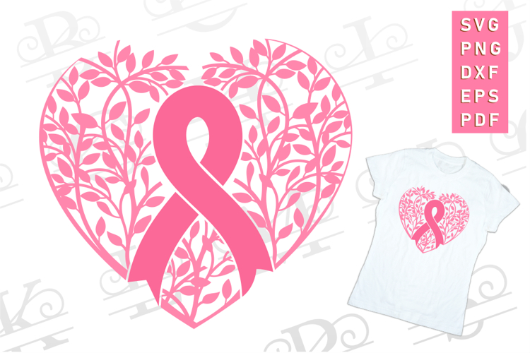 Pink Heart Floral Breast Cancer Ribbon SVG Cut File Design