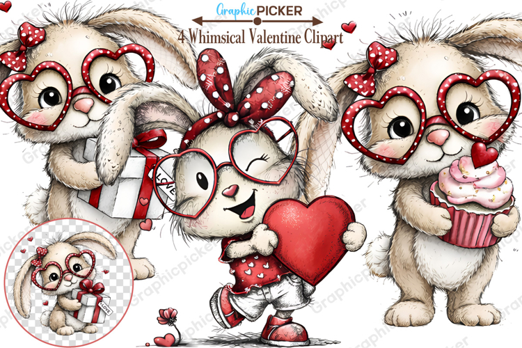 Whimsical Valentine Bunny Clipart, Bunny valentine clipart