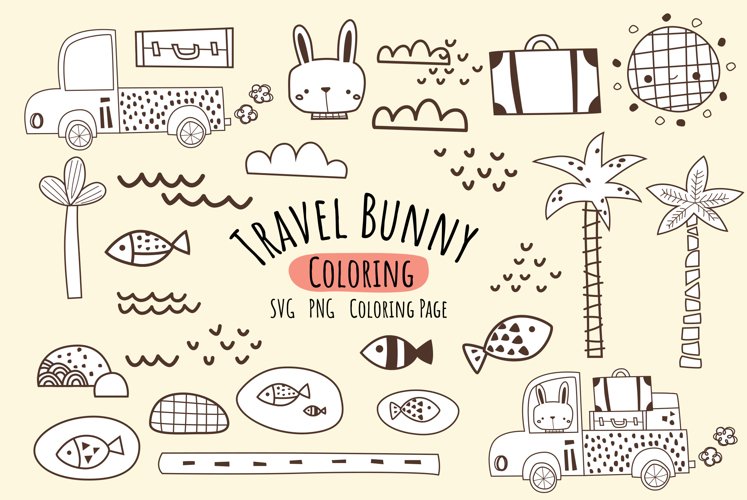 Tropical Travel Bunny Coloring Digital Art - Cute Clipart example image 1