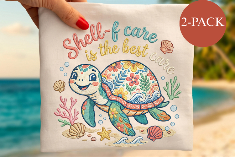 Shell-f Care Turtle PNG, Faux Embroidery Coastal Sublimation example image 1