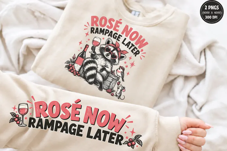 Rosé Now Front Sleeve PNG, Raccoon Wine Sleeve Shirt Design,