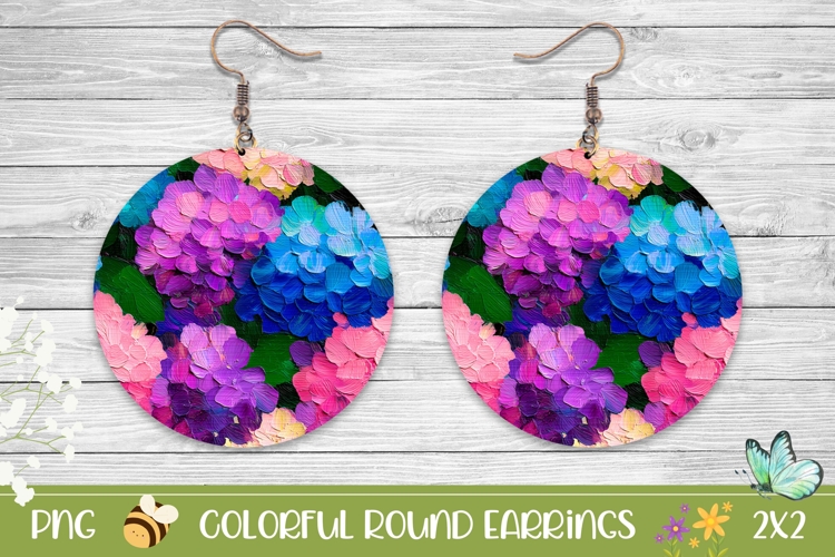 Colorful Hydrangea Round Earrings Sublimation PNG