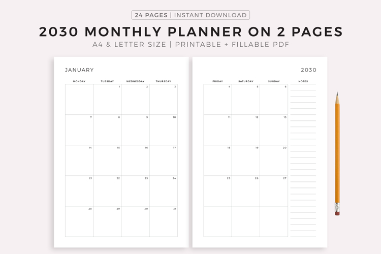 2030 Monthly Planner on Two Pages, Printable, A4/Letter