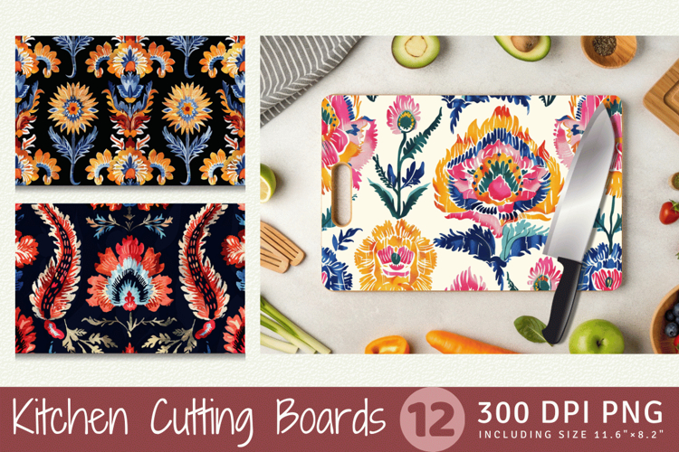 Ikat Embroidery Floral Cutting Boards sublimation Design