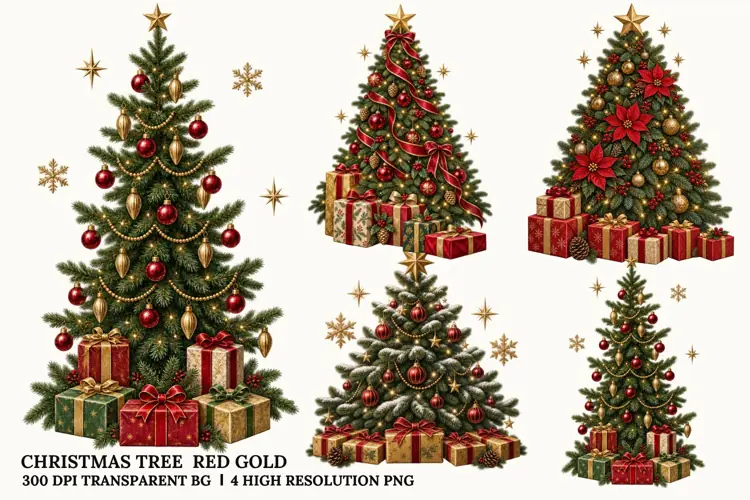 Christmas Tree PNG, Red Gold Holiday Decoration Sublimation