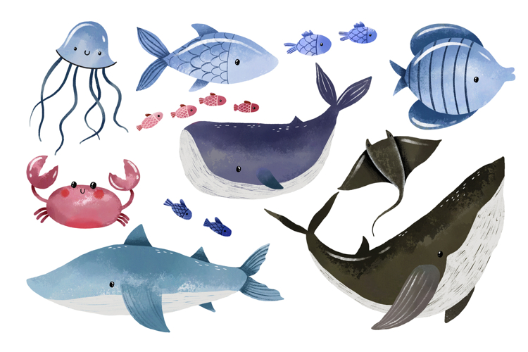 Sea Fish. Underwater Life Hand Drawn Watercolor Cartoon