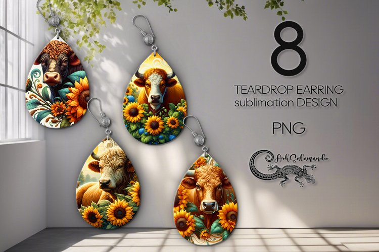 Cows & sunflowers | 8 Teardrop earring sublimation designs example image 1