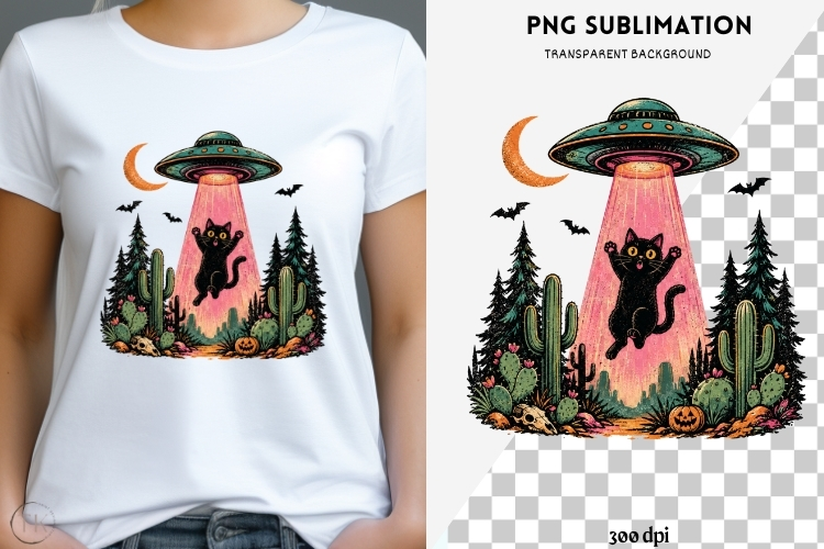 UFO black cat png design for T-shirt