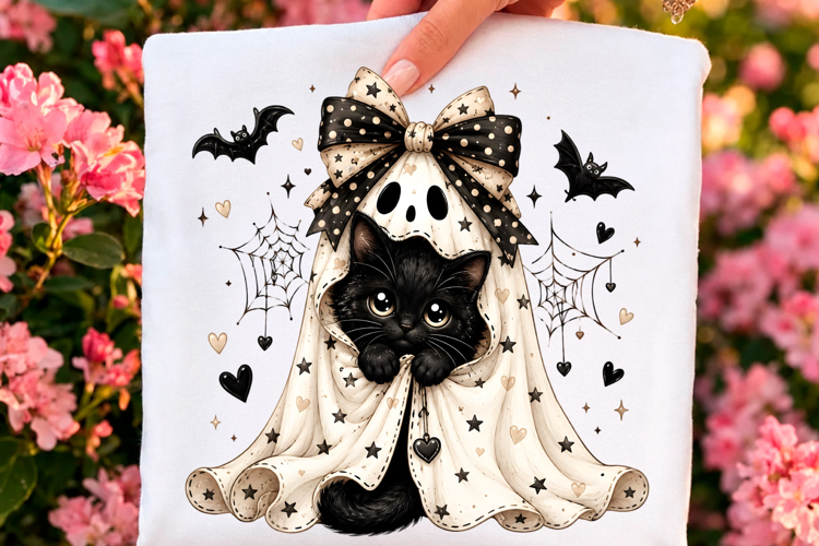 Cute Black Cat Ghost Halloween PNG