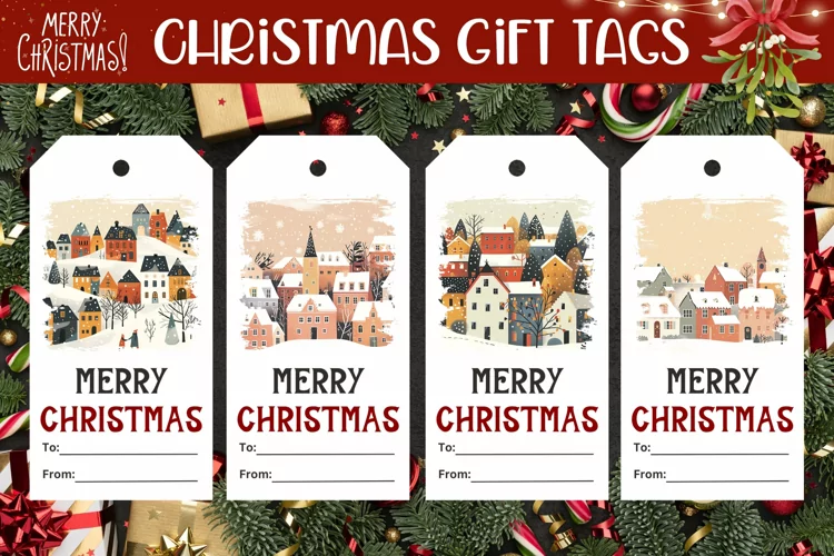 Watercolor Village Gift Tags, Winter Gift Tag Printable